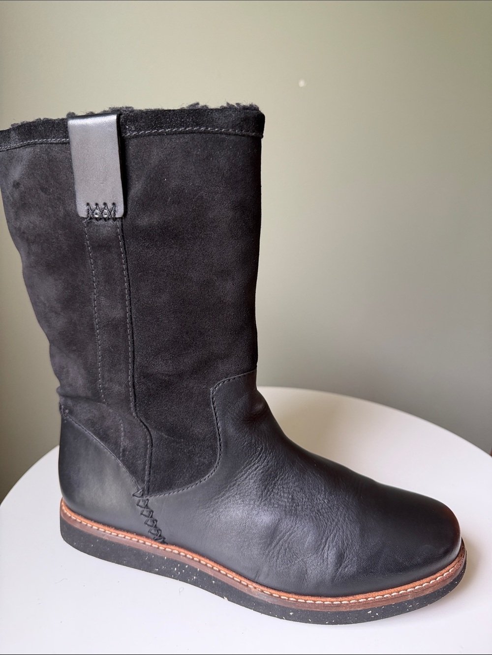 Clarks Click Enfield Black Leather & Suede Faux Fur Lined Winter Boots Women’s 9